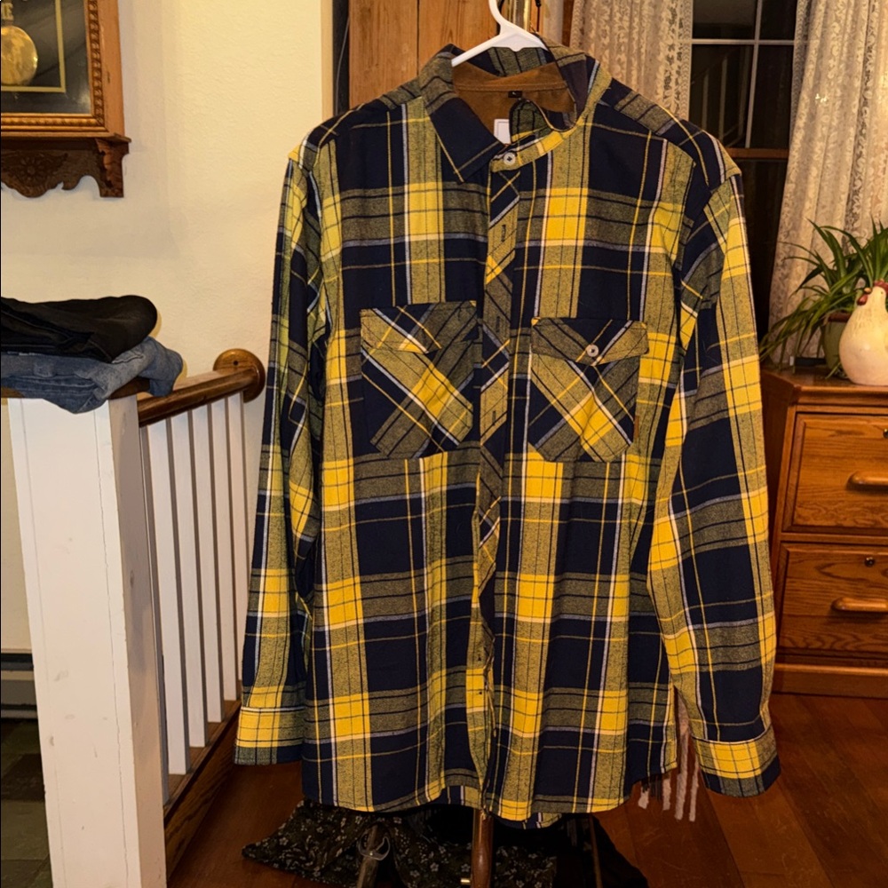 Yellow and Blue Plaid flanel Button-Up Shirt
